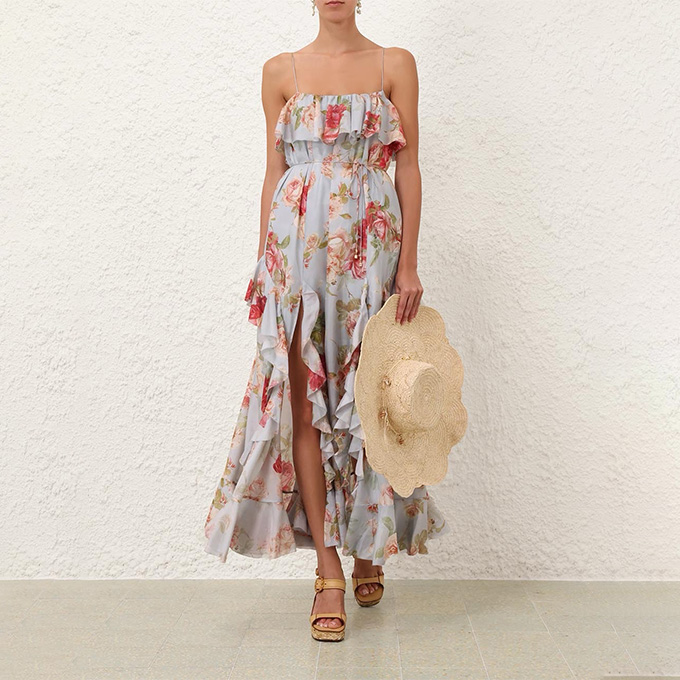 zimmermann summer swim roselight frill silk maxi dress
